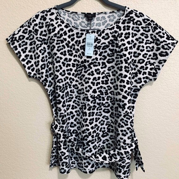 Ann Taylor Factory black knit top snow Leopard print blouse with a belt size SP - Picture 1 of 9